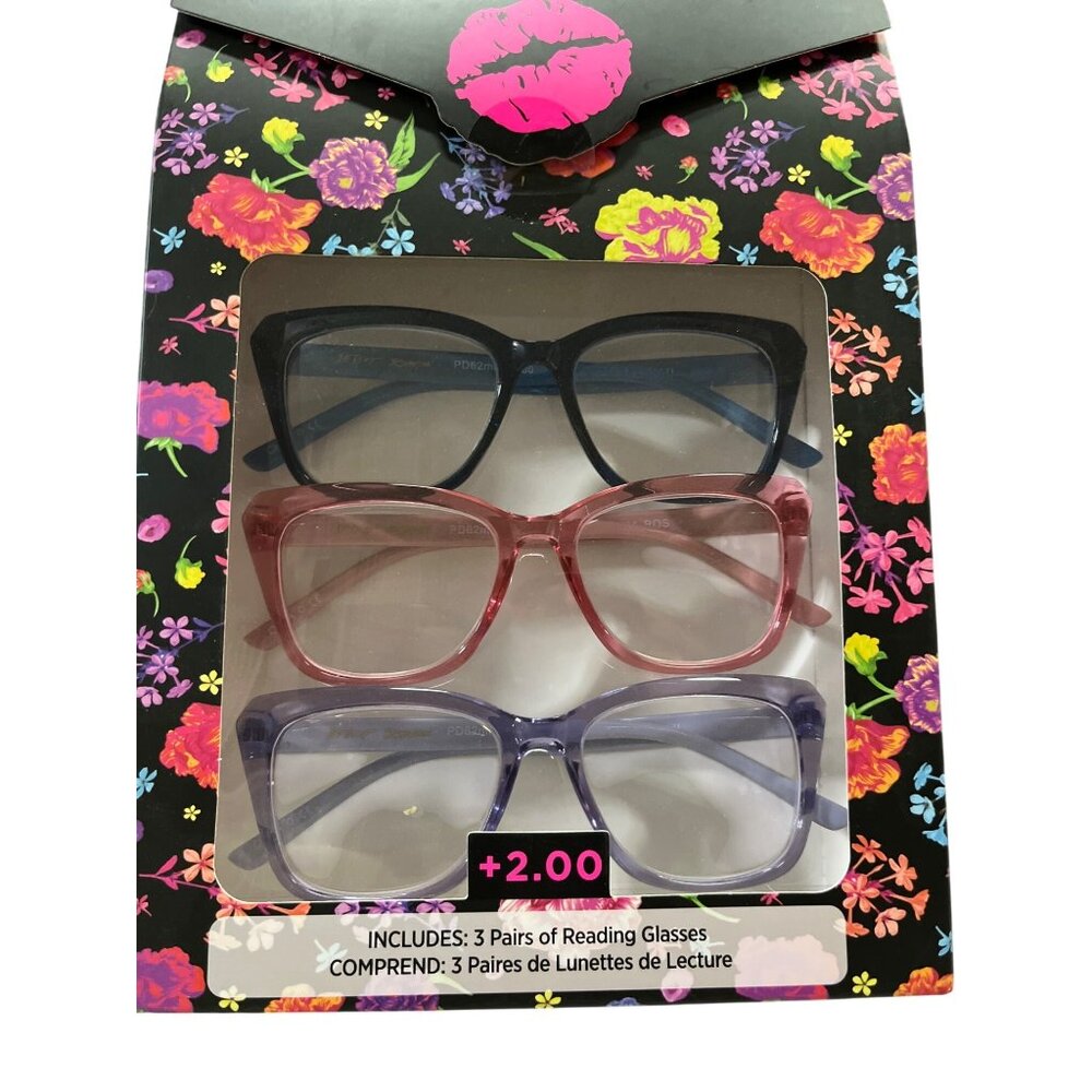 Betsey Johnson Reading Glasses Set of 3 +2.00 Pink Blue Purple NEW